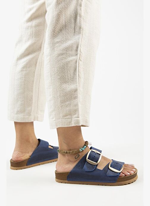 Manijero İrene Eskitme Kadın Deri Hakiki Deri Çift Tokalı Mavi Gold Terlik - Görsel 6