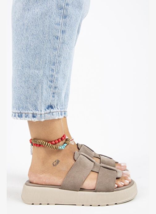 Manijero Paris Kadın Hakiki Deri Çift Bantlı Vizon Terlik - Görsel 3