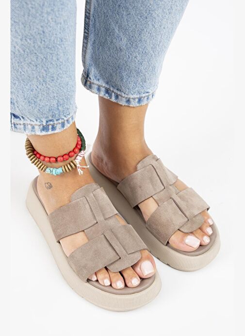 Manijero Paris Kadın Hakiki Deri Çift Bantlı Vizon Terlik - Görsel 4