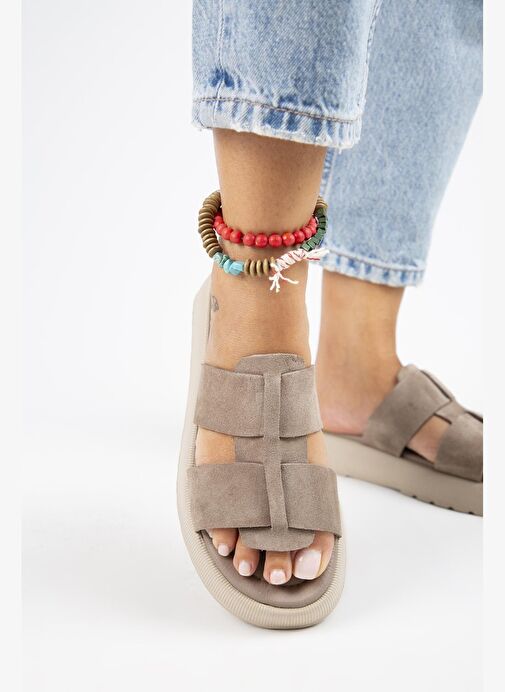 Manijero Paris Kadın Hakiki Deri Çift Bantlı Vizon Terlik - Görsel 6