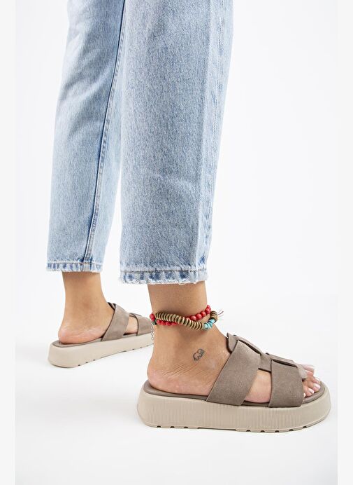 Manijero Paris Kadın Hakiki Deri Çift Bantlı Vizon Terlik - Görsel 7