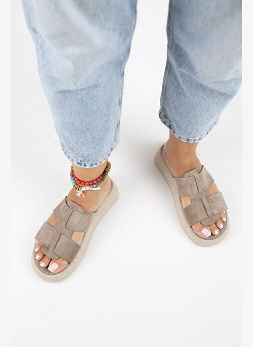 Manijero Paris Kadın Hakiki Deri Çift Bantlı Vizon Terlik - Görsel 8