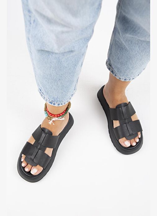 Manijero Paris Kadın Hakiki Deri Çift Bantlı Siyah Terlik - Görsel 2