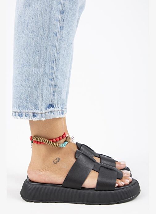 Manijero Paris Kadın Hakiki Deri Çift Bantlı Siyah Terlik - Görsel 3