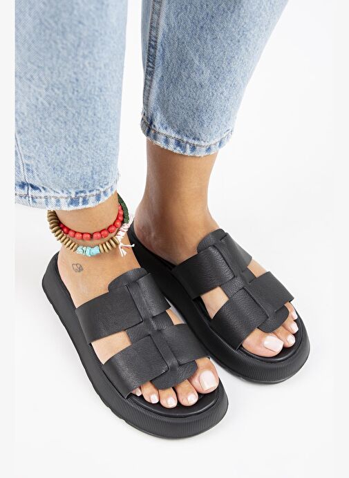 Manijero Paris Kadın Hakiki Deri Çift Bantlı Siyah Terlik - Görsel 4