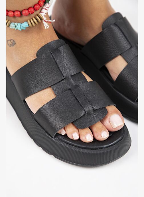 Manijero Paris Kadın Hakiki Deri Çift Bantlı Siyah Terlik - Görsel 5