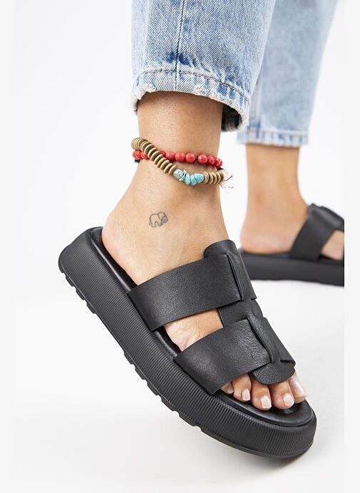 Manijero Paris Kadın Hakiki Deri Çift Bantlı Siyah Terlik - Görsel 6