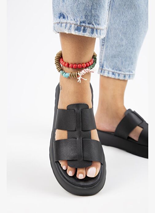 Manijero Paris Kadın Hakiki Deri Çift Bantlı Siyah Terlik - Görsel 7