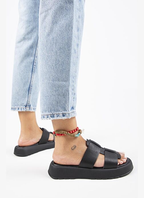 Manijero Paris Kadın Hakiki Deri Çift Bantlı Siyah Terlik - Görsel 8