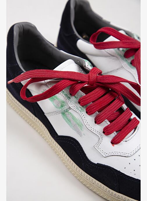 Krahe Artemis Erkek Hakiki Deri Eskitme El Boyamalı Bağcık Ve İki Yedek Bağcıklı Beyaz-Laci Sneakers - Görsel 5