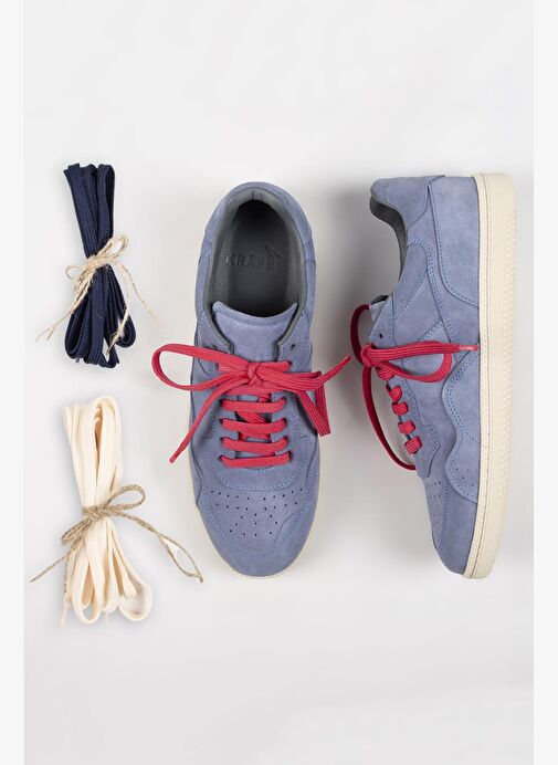 Krahe Zeus Erkek Hakiki Deri El Boyamalı Bağcık Ve İki Yedek Bağcıklı Açık Mavi Sneakers - Görsel 2