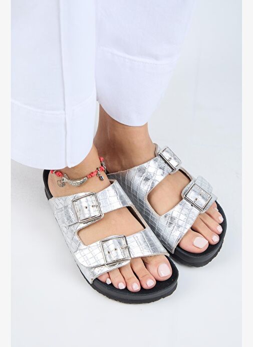 Manijero Anjelic Croco Kadın Hakiki Deri Çift Tokalı Gümüş Terlik - Görsel 2