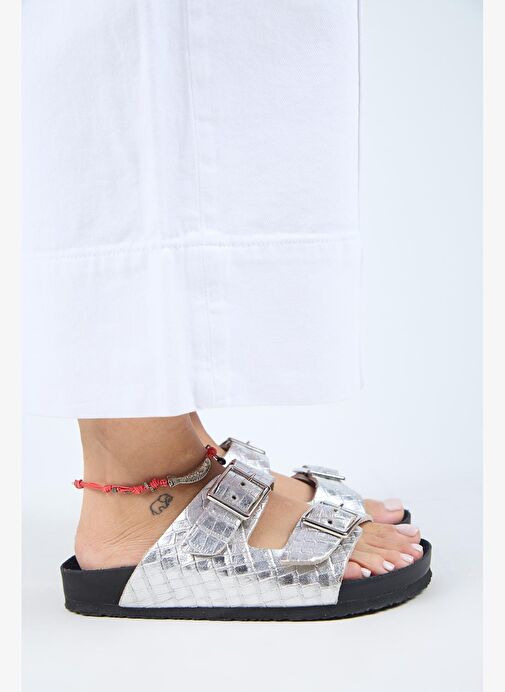 Manijero Anjelic Croco Kadın Hakiki Deri Çift Tokalı Gümüş Terlik - Görsel 3