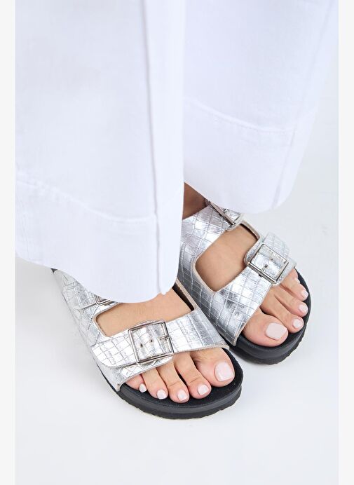 Manijero Anjelic Croco Kadın Hakiki Deri Çift Tokalı Gümüş Terlik - Görsel 4