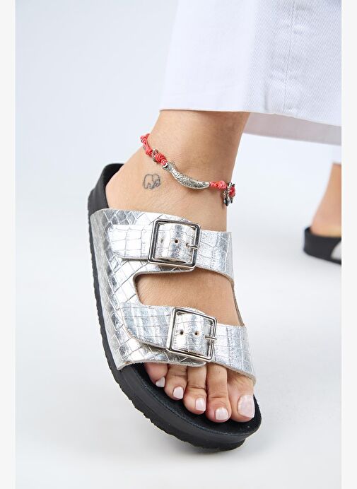 Manijero Anjelic Croco Kadın Hakiki Deri Çift Tokalı Gümüş Terlik - Görsel 6