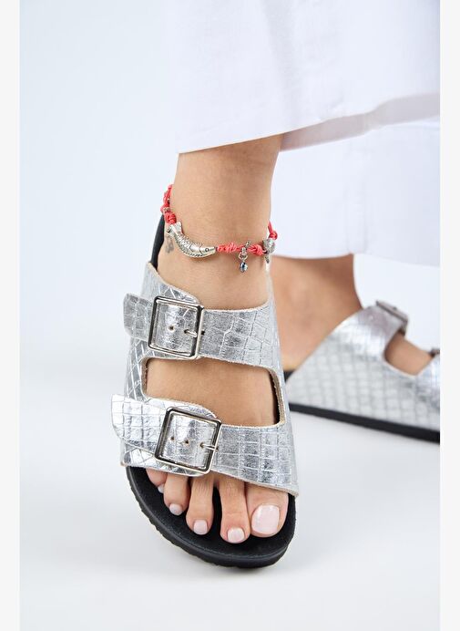 Manijero Anjelic Croco Kadın Hakiki Deri Çift Tokalı Gümüş Terlik - Görsel 7