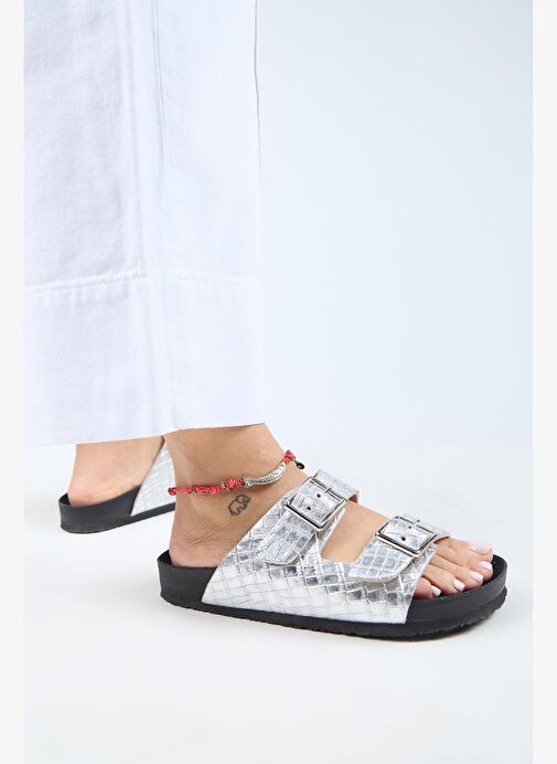 Manijero Anjelic Croco Kadın Hakiki Deri Çift Tokalı Gümüş Terlik - Görsel 8