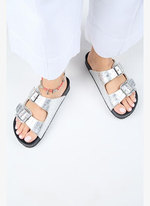 Manijero Anjelic Croco Kadın Hakiki Deri Çift Tokalı Gümüş Terlik - Görsel 9