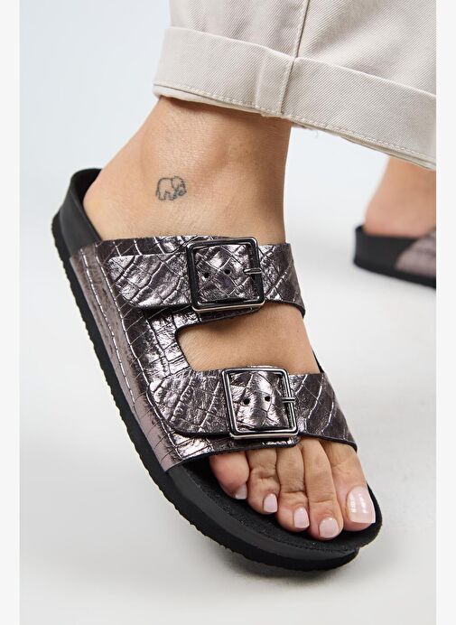 Manijero Anjelic Croco Kadın Hakiki Deri Çift Tokalı Platin Terlik - Görsel 2