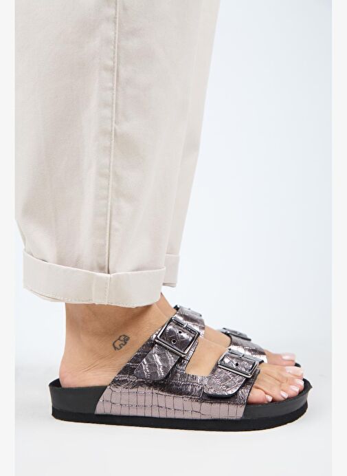 Manijero Anjelic Croco Kadın Hakiki Deri Çift Tokalı Platin Terlik - Görsel 3