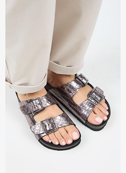 Manijero Anjelic Croco Kadın Hakiki Deri Çift Tokalı Platin Terlik - Görsel 4