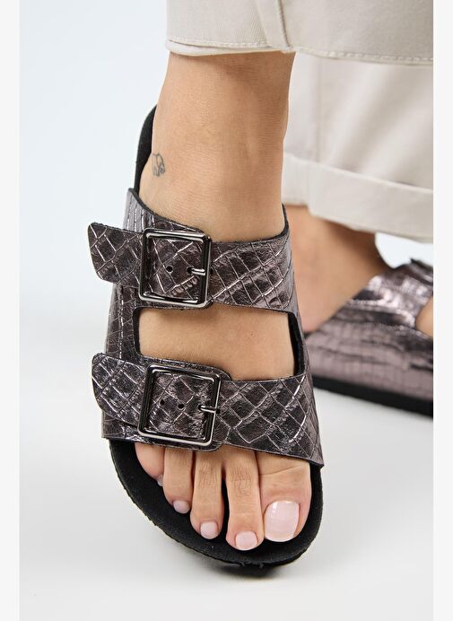 Manijero Anjelic Croco Kadın Hakiki Deri Çift Tokalı Platin Terlik - Görsel 6