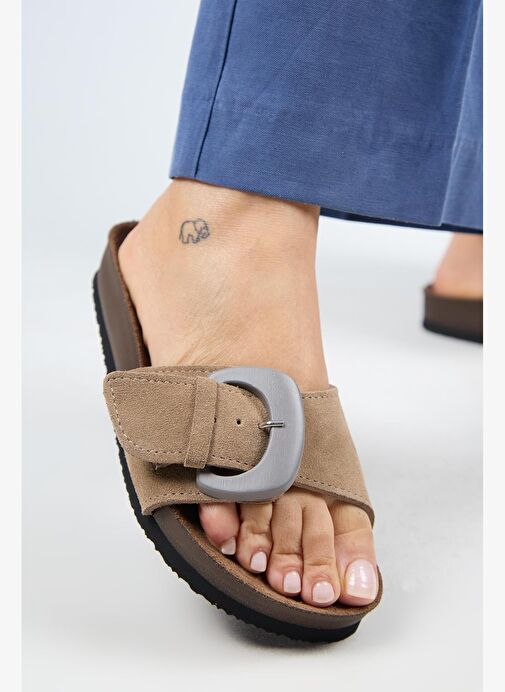 Manijero (Alandra 2 ) Kadın Hakiki Deri Tek Tokalı Vizon Terlik - Görsel 2