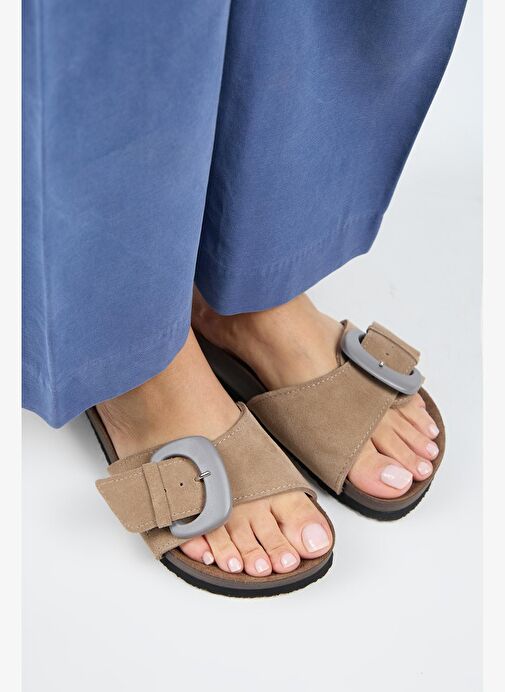 Manijero (Alandra 2 ) Kadın Hakiki Deri Tek Tokalı Vizon Terlik - Görsel 4