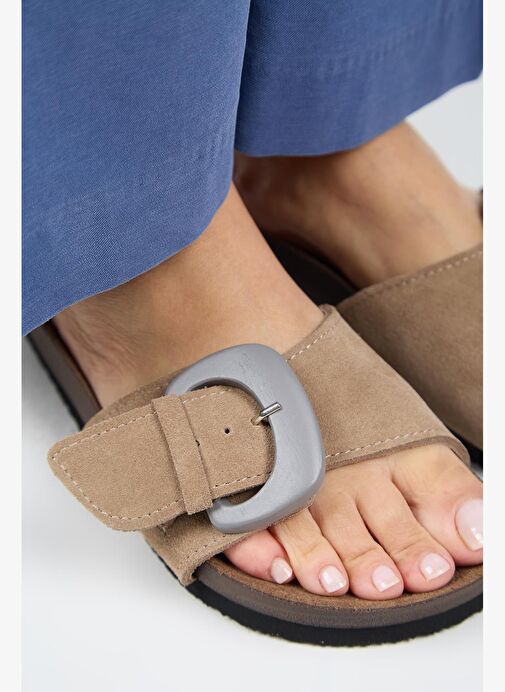 Manijero (Alandra 2 ) Kadın Hakiki Deri Tek Tokalı Vizon Terlik - Görsel 5