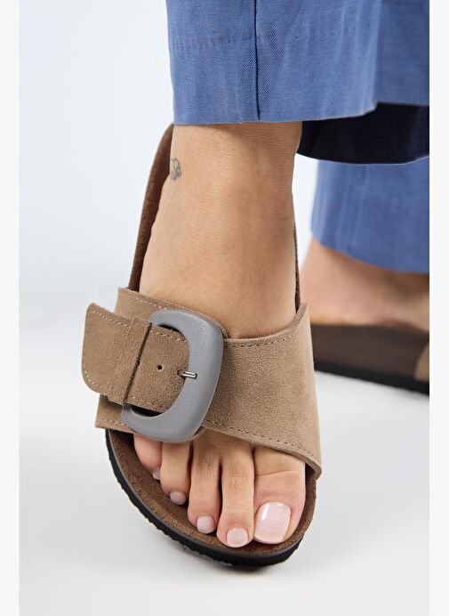 Manijero (Alandra 2 ) Kadın Hakiki Deri Tek Tokalı Vizon Terlik - Görsel 6