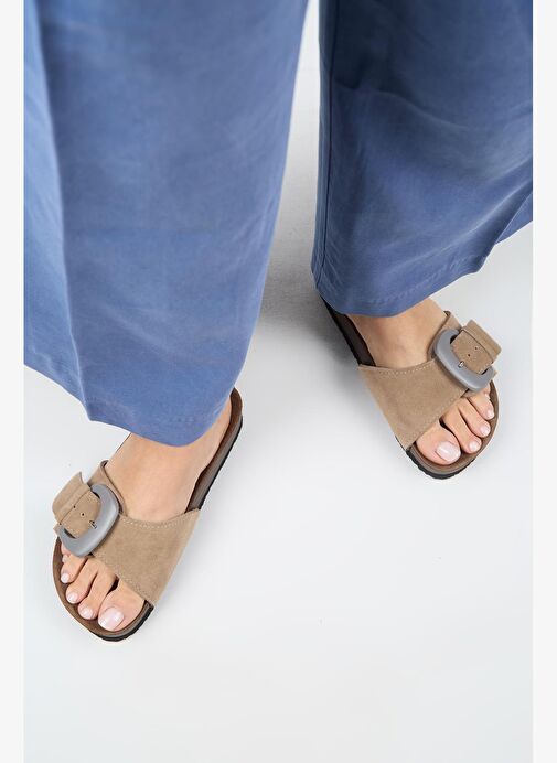 Manijero (Alandra 2 ) Kadın Hakiki Deri Tek Tokalı Vizon Terlik - Görsel 8