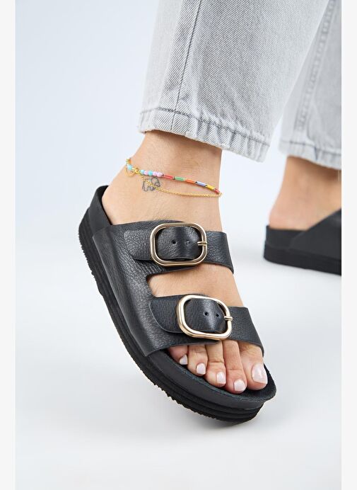 Manijero Alexa Kadın Deri Hakiki Deri Çift Tokalı Platform Siyah Terlik - Görsel 2