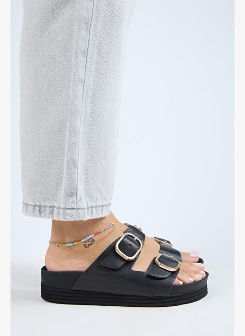 Manijero Alexa Kadın Deri Hakiki Deri Çift Tokalı Platform Siyah Terlik - Görsel 3