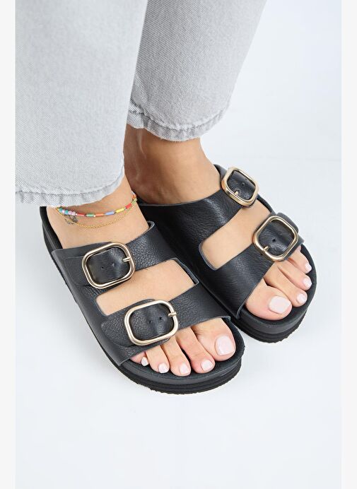 Manijero Alexa Kadın Deri Hakiki Deri Çift Tokalı Platform Siyah Terlik - Görsel 4