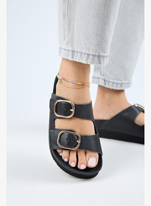 Manijero Alexa Kadın Deri Hakiki Deri Çift Tokalı Platform Siyah Terlik - Görsel 6