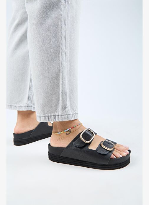 Manijero Alexa Kadın Deri Hakiki Deri Çift Tokalı Platform Siyah Terlik - Görsel 7