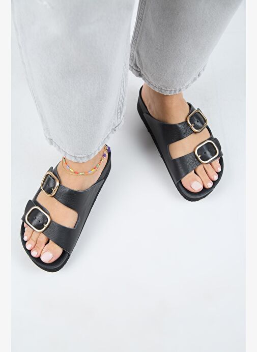 Manijero Alexa Kadın Deri Hakiki Deri Çift Tokalı Platform Siyah Terlik - Görsel 8