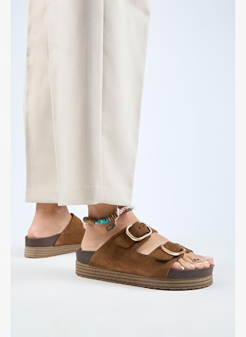 Manijero Alexa Kadın Deri Hakiki Deri Çift Tokalı Platform Taba Terlik - Görsel 2