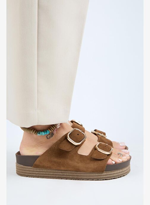 Manijero Alexa Kadın Deri Hakiki Deri Çift Tokalı Platform Taba Terlik - Görsel 3