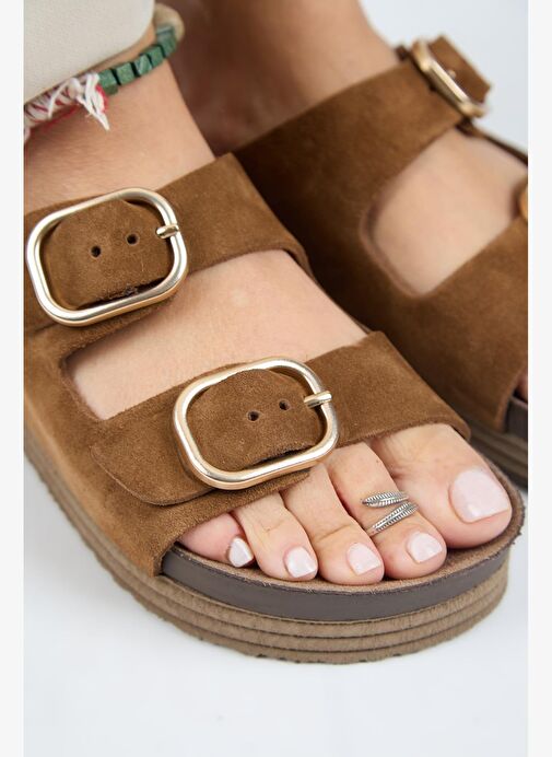 Manijero Alexa Kadın Deri Hakiki Deri Çift Tokalı Platform Taba Terlik - Görsel 4