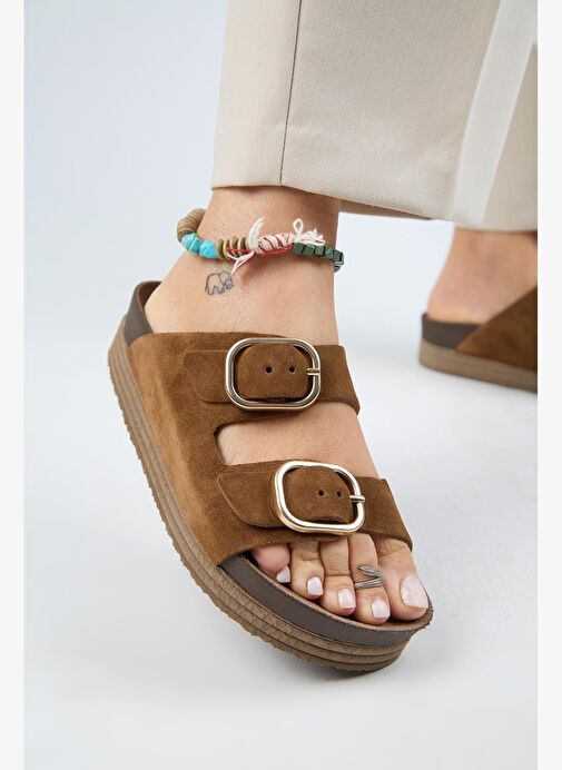 Manijero Alexa Kadın Deri Hakiki Deri Çift Tokalı Platform Taba Terlik - Görsel 5