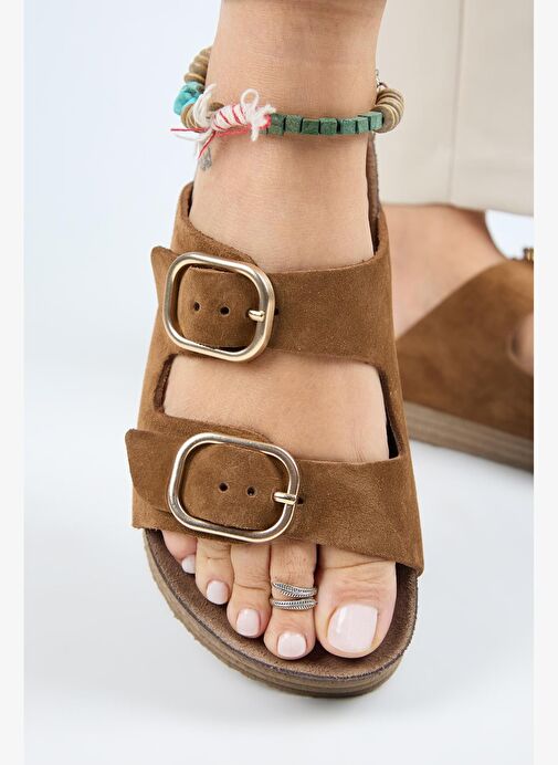 Manijero Alexa Kadın Deri Hakiki Deri Çift Tokalı Platform Taba Terlik - Görsel 6