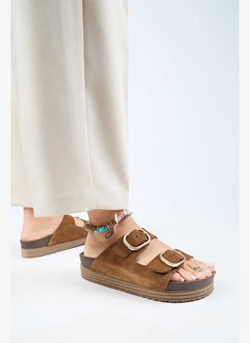 Manijero Alexa Kadın Deri Hakiki Deri Çift Tokalı Platform Taba Terlik - Görsel 7