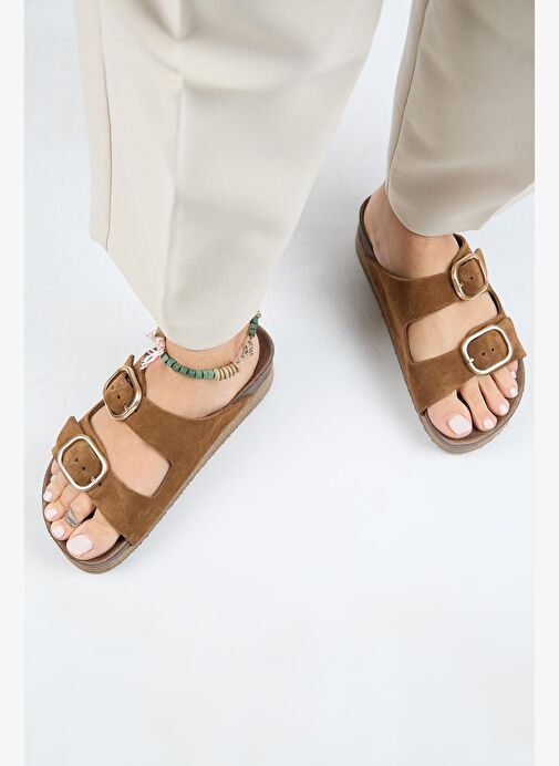 Manijero Alexa Kadın Deri Hakiki Deri Çift Tokalı Platform Taba Terlik - Görsel 8