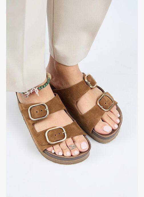 Manijero Alexa Kadın Deri Hakiki Deri Çift Tokalı Platform Taba Terlik - Görsel 9