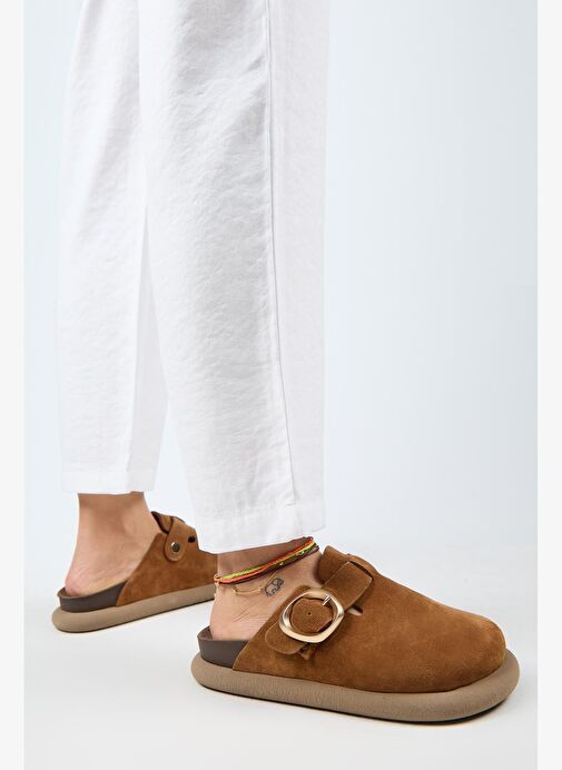 Manijero (Asymetry) Kadın Hakiki Deri Kemerli Tokalı Sabo Taba Terlik - Görsel 2