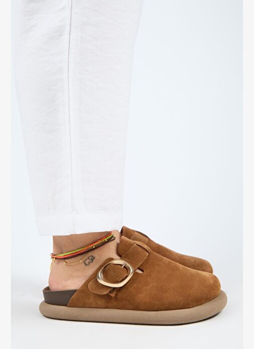 Manijero (Asymetry) Kadın Hakiki Deri Kemerli Tokalı Sabo Taba Terlik - Görsel 3