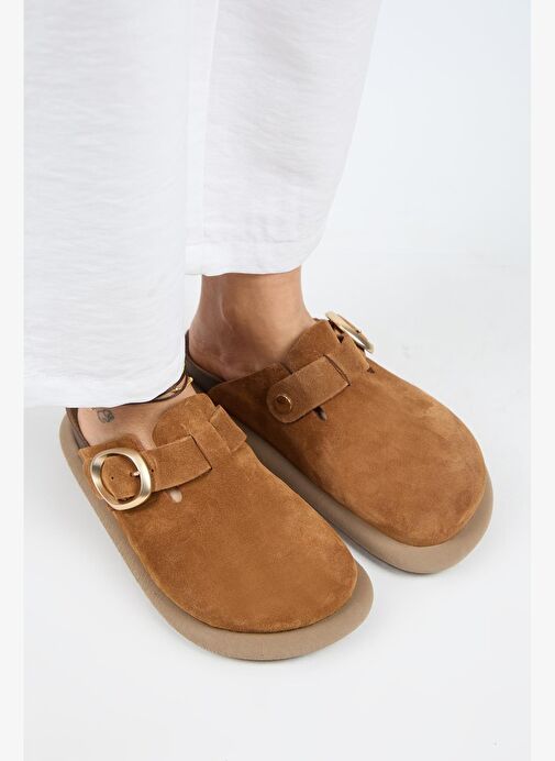 Manijero (Asymetry) Kadın Hakiki Deri Kemerli Tokalı Sabo Taba Terlik - Görsel 4