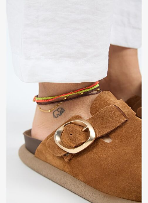 Manijero (Asymetry) Kadın Hakiki Deri Kemerli Tokalı Sabo Taba Terlik - Görsel 5