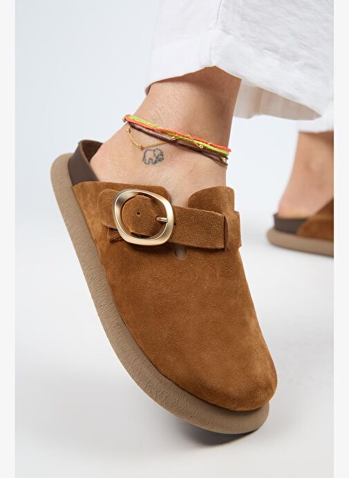 Manijero (Asymetry) Kadın Hakiki Deri Kemerli Tokalı Sabo Taba Terlik - Görsel 6